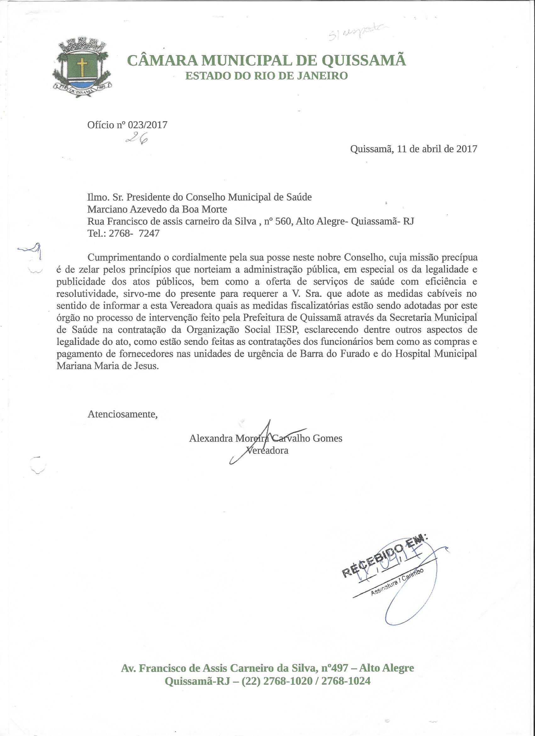Ofício ao Conselho Municipal de Saúde