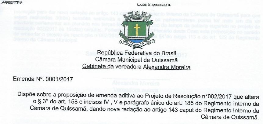 Emenda que dispõe sobre a proposição de emenda aditiva ao projeto de resolução nº002-2017