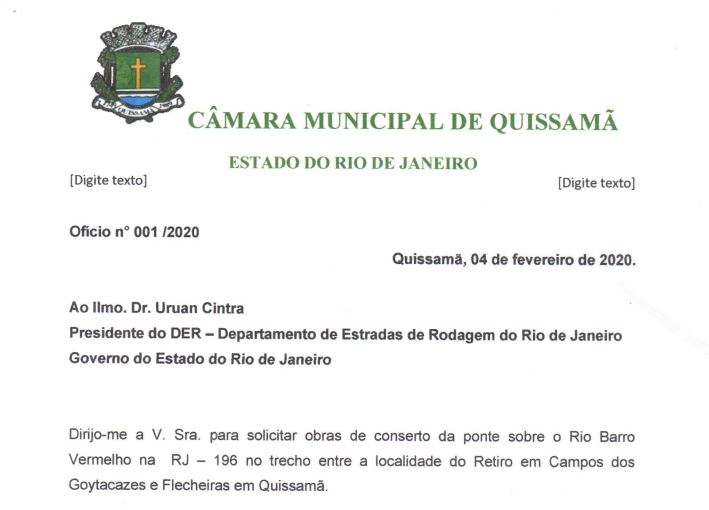 Solicitação de obras de conserto da ponte sobre o Rio Barro Vermelho na RJ 196